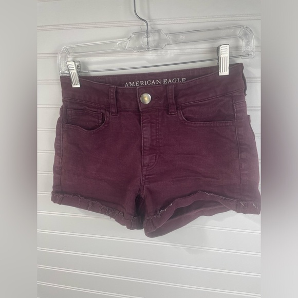 American Eagle Outfitters Hi-Rise Shortie Super Stretch Burgundy Denim Shorts - Picture 1 of 11